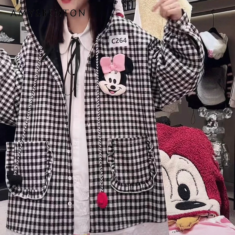 

Autumn Heavy Industry Cartoon Pattern Black and White Check Hooded Jacket Ladies Y2k Loose Slimming Long Sleeves Fleece Top Coat