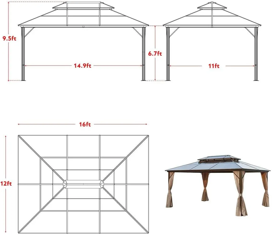 Aluminum Frame Outdoor Gazebo Permanent Pavilion with Curtains and Netting for Patio, Lawn & Garden