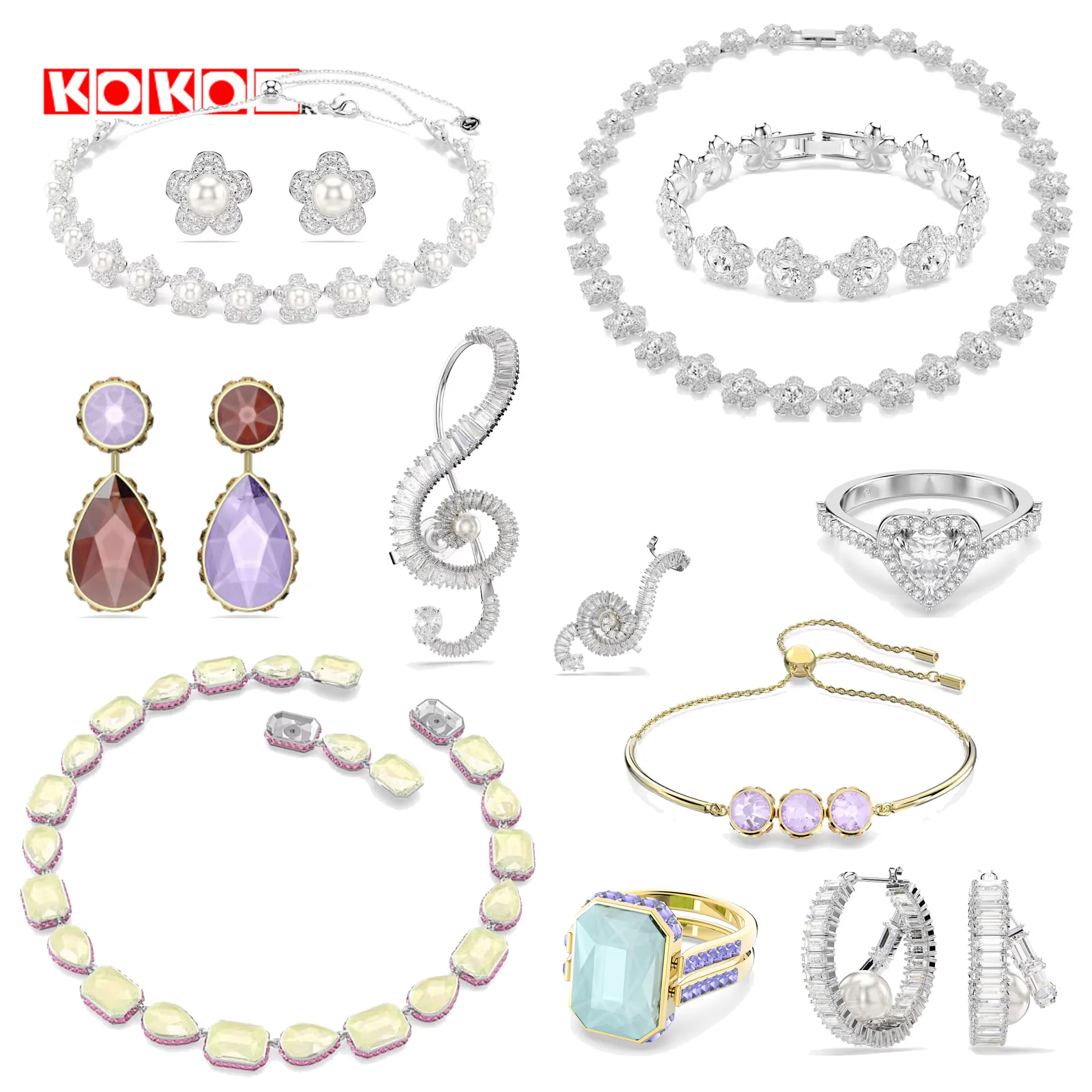 

Original 2026 New Flower Necklace Bracelet Fashion Fine Jewelry Set Charm Geometric Green Necklace Ring Earrings Romantic Gift