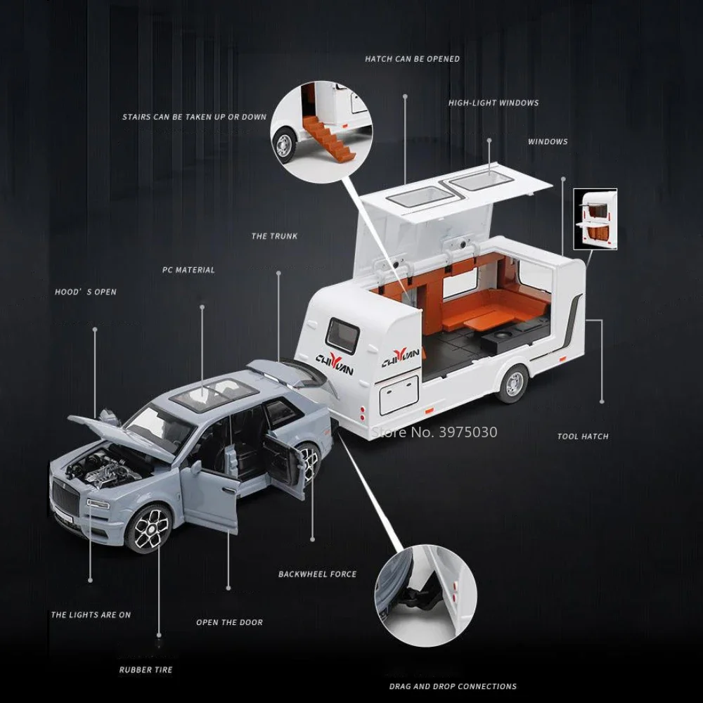 1:32 Legering Rolls Royce Cullinan Reizen Trailer Miniatuur Auto Speelgoed Modellen Geluid Licht Motor Home Voertuigen Perfecte Cadeaus voor Jongens