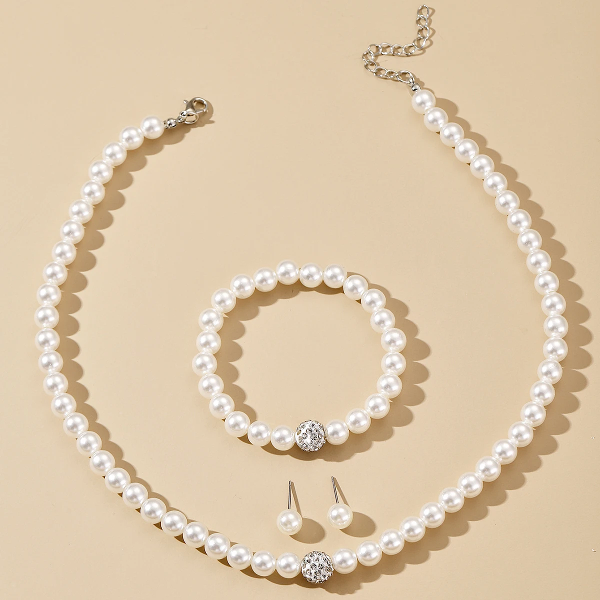 3PCS Set Imitation Pearl Necklace Bracelet Earrings Stud Set Fireball Pearl Beaded Women Luxury Bridal Party Trendy Jewelry Gift