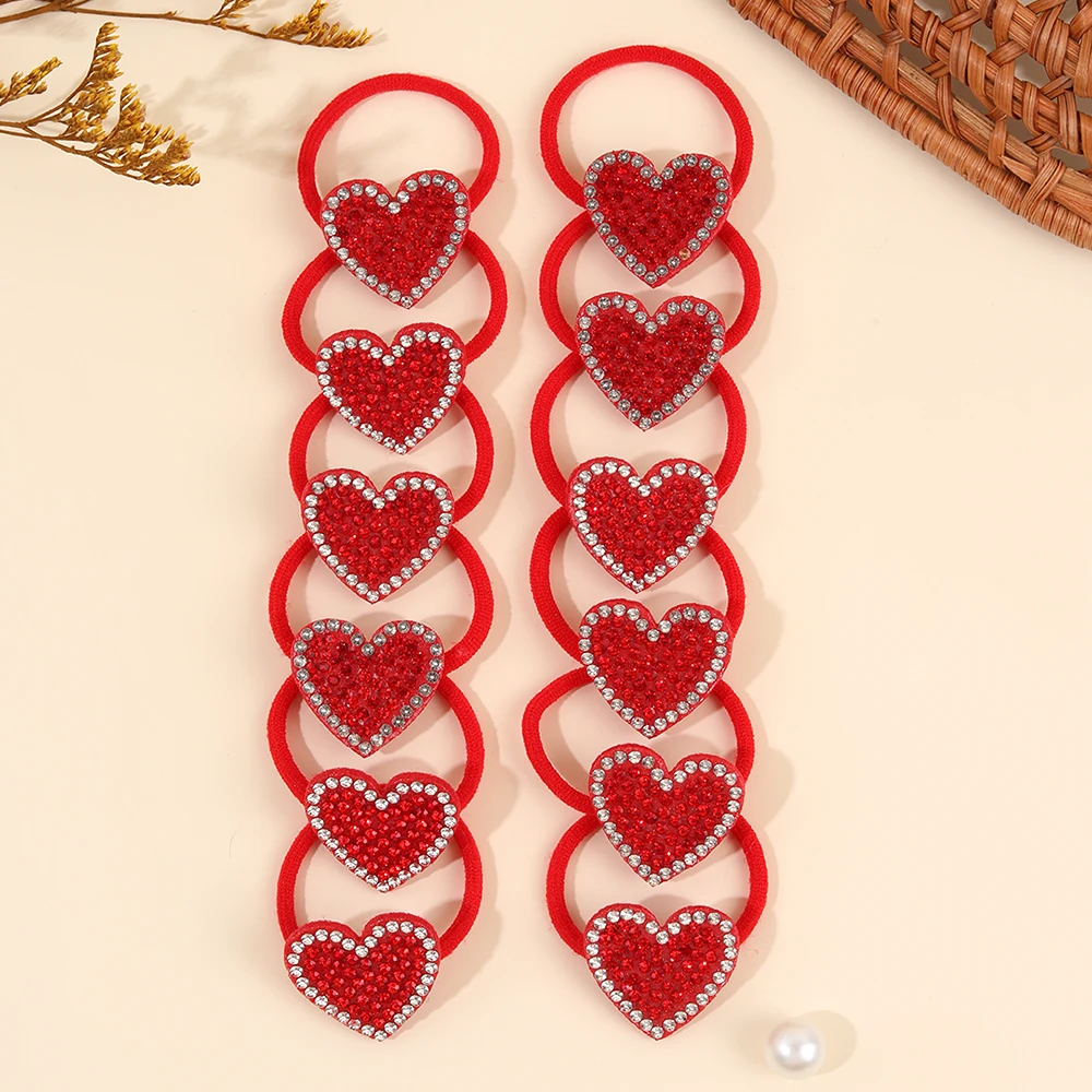 12Pcs Sparkly Rhinestone Hair Ties Valentine'S Day Themed Heart-Shaped Hair Accessories Adorable Cute Red Crystal Hair Ropes