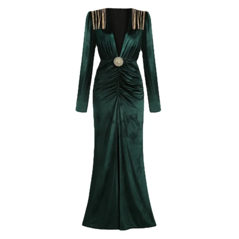 Elegantes Damen-Abendkleid mit V-Ausschnitt, Ballkleid mit langen Ärmeln, modisches Luxus-Party-Outfit mit plissiertem Schlitz