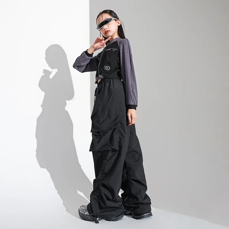 Hip Hop Girls Cropped Jacket Loose Cargo Pants Clothes Sets Children Street Dance Short Coat Kids Streetwear Jazz Stage Costumes