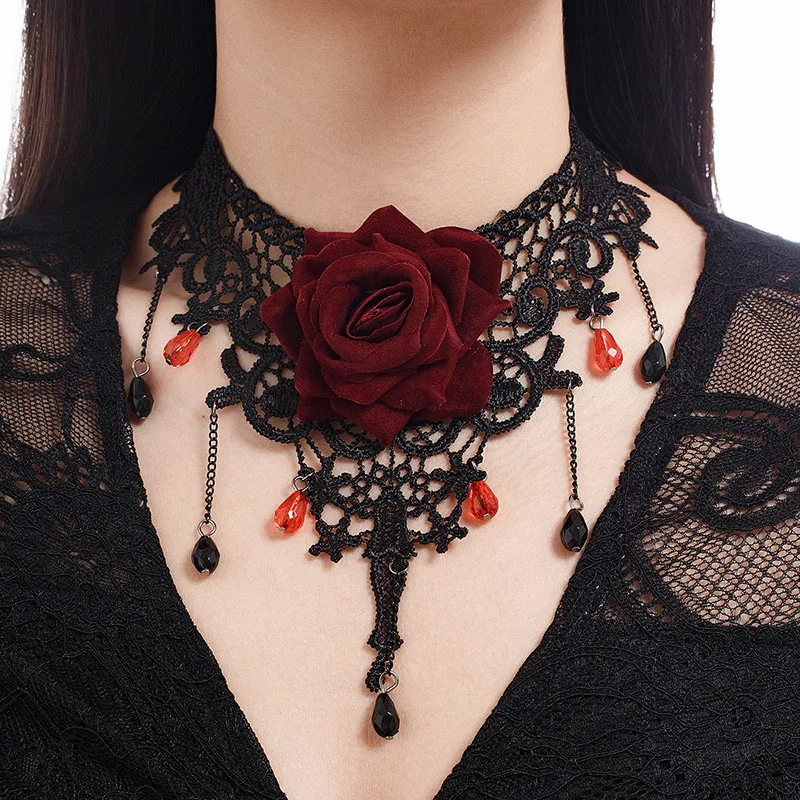 Gothic Red Rose Necklaces New Vintage Exaggerated Dark Lace Necklace Party Wedding Women's Necklace Jewelry Gifts