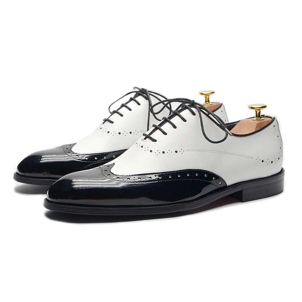 Formal Oxfords Shoes for Men White Black Real Cow Patent Leather Business Lace-up Wingtip Toe Brogue Wedding Mens Dress Shoes