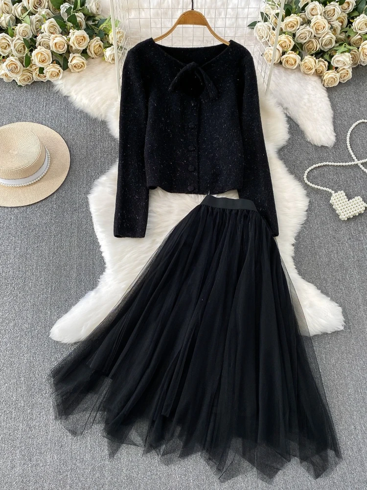 

High-end light luxury two-piece set women's round neck bow jacket with elegant drape mesh long skirt temperament commute set