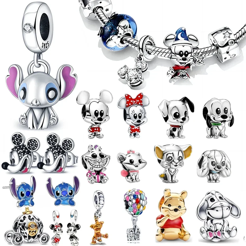 Disney Stitch pesona Minnie Mickey Mouse menjuntai cocok gelang Pandora Perak 925 manik-manik asli jimat untuk liontin hadiah perhiasan