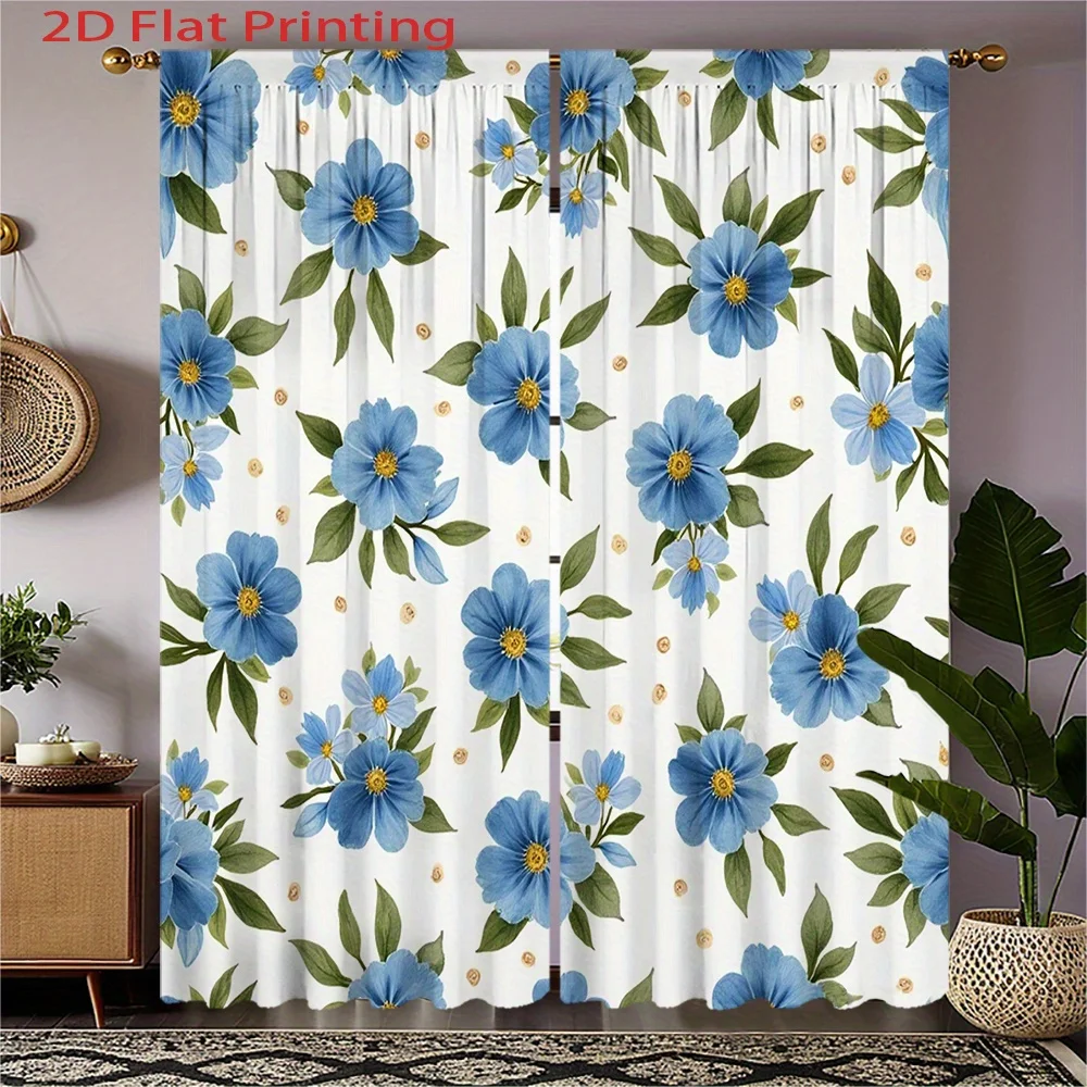 

2pc Blue watercolor floral curtains, machine washable polyester fabric, suitable for bedroom and living room décor.