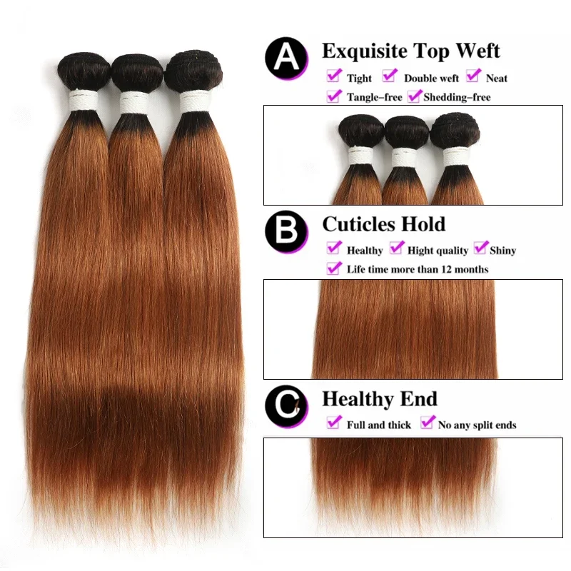 T1B/30 Ombre Brown Bundles With Frontal 13x4 SOKU Brazilian Straight 3 Bundles With Closure Remy 100% Human Hair Weave Extension