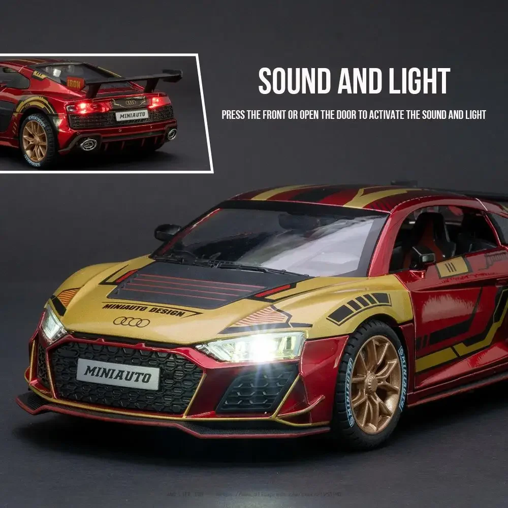 1:24 AUDI R8 IRON GTR Sport Car Model Toy Alloy Diecasts Metal Simulation Vehicles Sound Light Model Car For Kids Boy Gift Toy