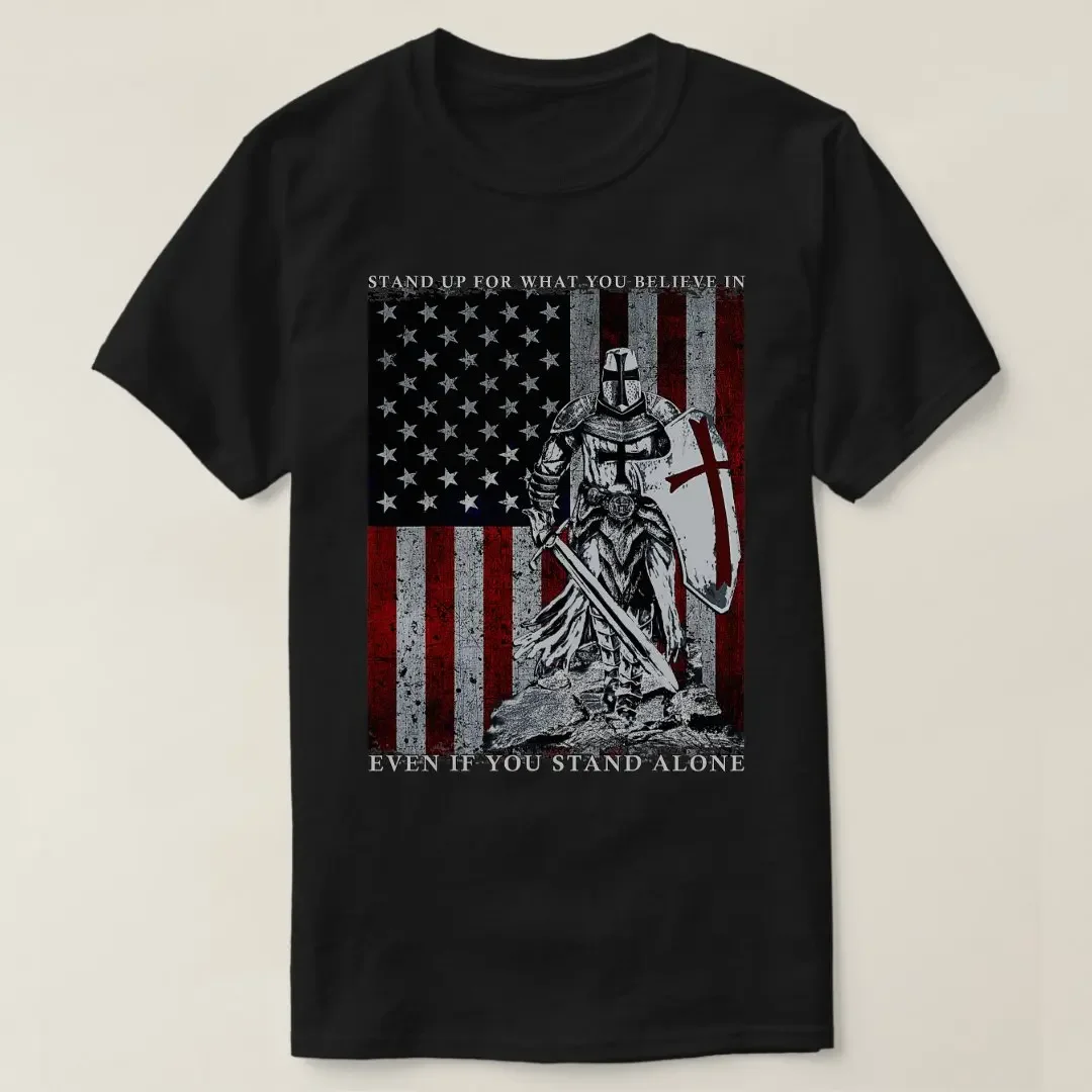

Knight Templar American Flag Crusader T-Shirt 100% Cotton O-Neck Short Sleeve Summer Casual Mens T-shirt