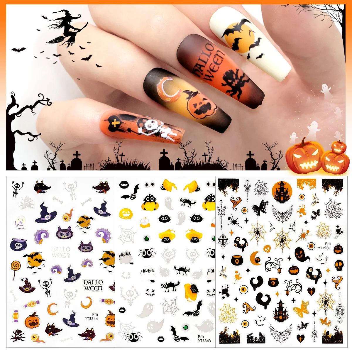 1pcs/3pcs Halloween Nail Stickers Skull Pumpkin Head Bat Nail Stickers Nail Art DIY Self-Adhesive Decals For Festive Manicure
