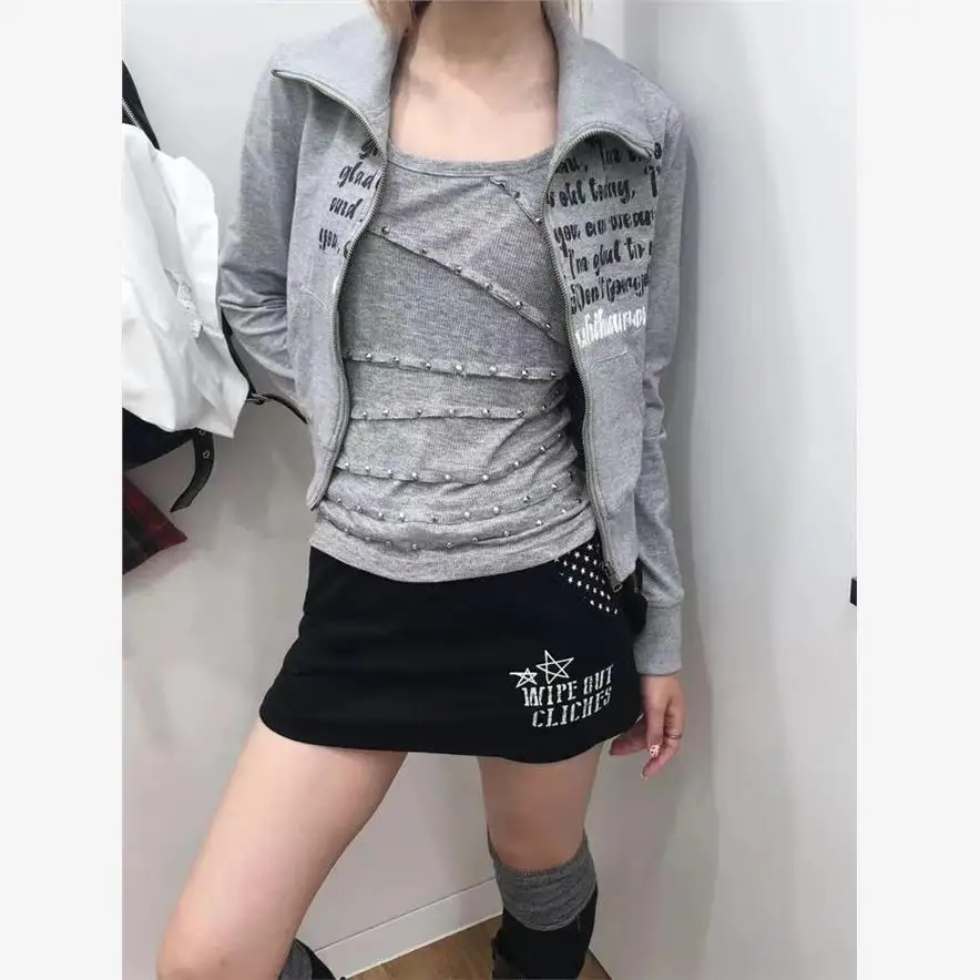 

Y2K American Sle Abi толстовка с капюшоном кардиган женский панк принт на молнии утягивающая верхняя одежда субкультура топ повседневный Sle обычный све