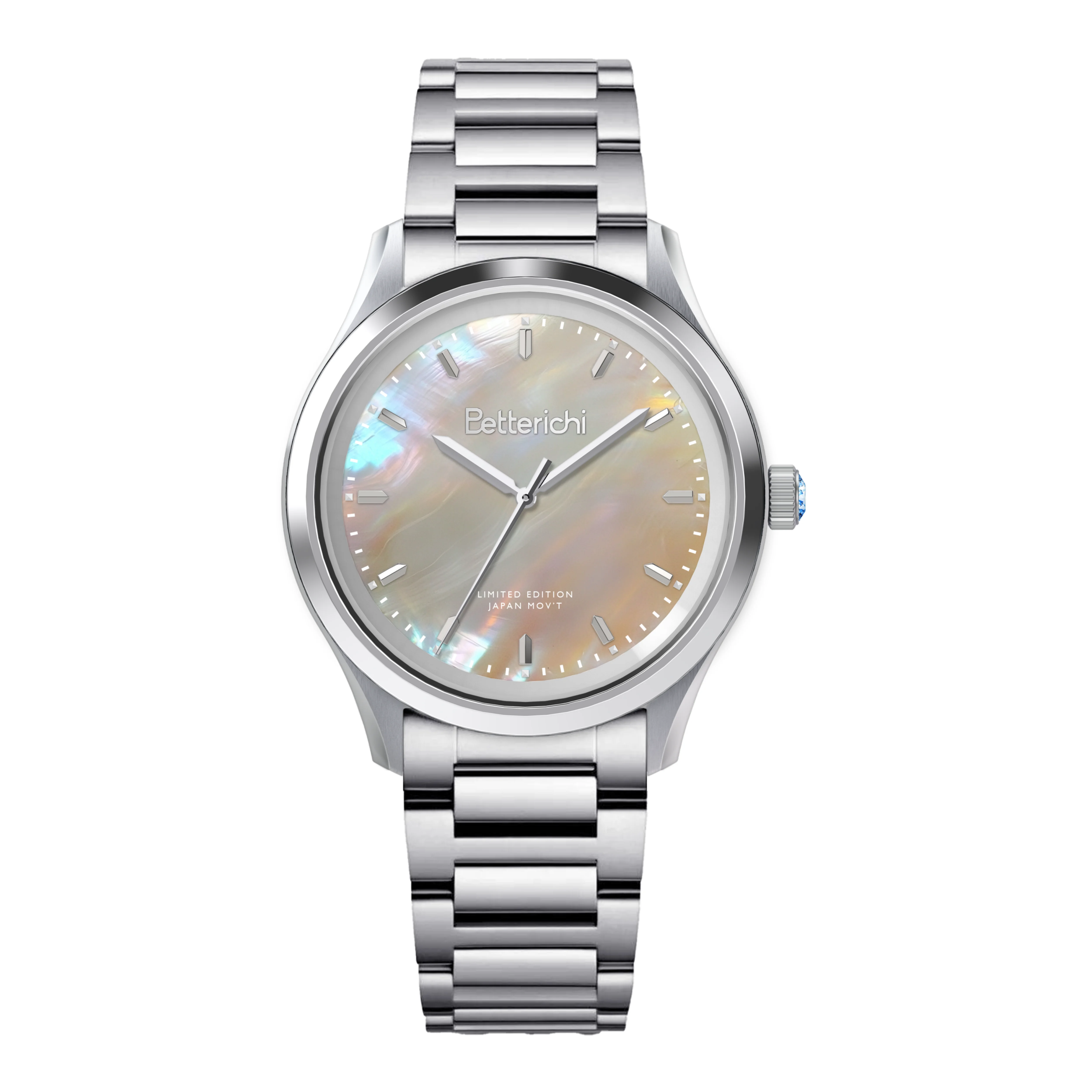 Betterichi Mother of Pearl Women's Quartz Watch 34mm Japanese MIYOTA 2035 Sapphire Crystal 5ATM Waterproof 316L Steel Bracelet