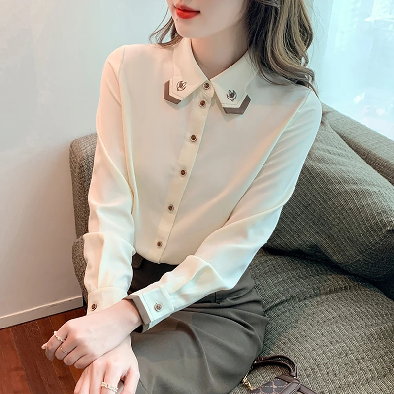 QOERLIN Fall Spring Long Sleeve Embroidered Single-Breasted Shirts Women 2024 New Turn Down Collar Blouse Casual Elegant Tops