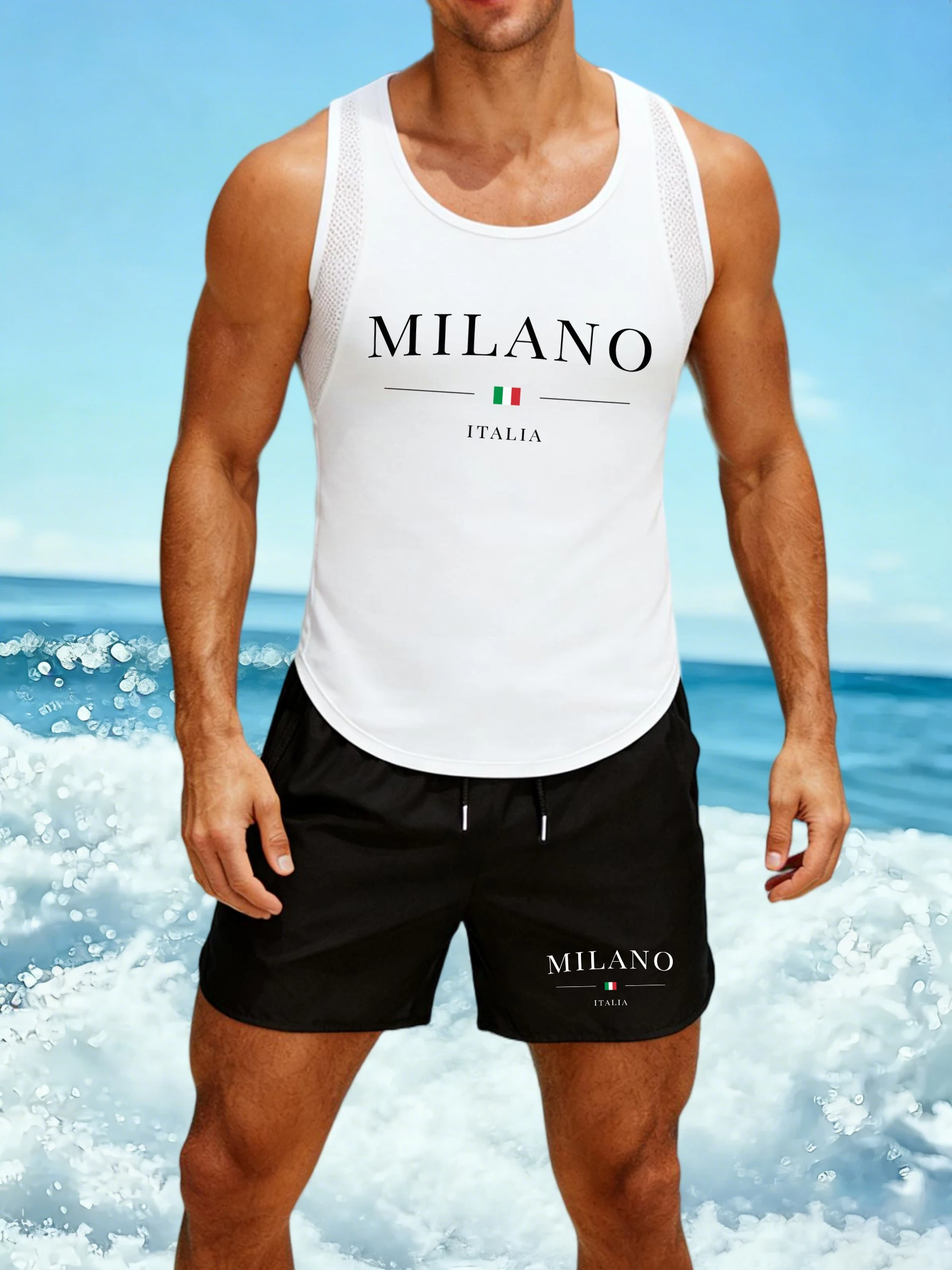 

Italia Milano City Print Male Reticular Vest Suit O-Neck Vacation Clothing All-Match Sport Shorts Man Fashion Sleeveless Tee