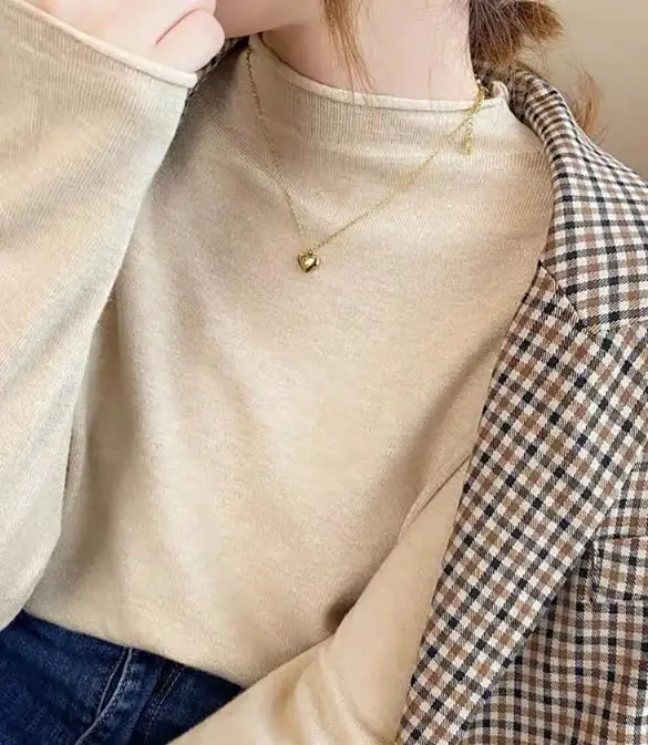 

Autumn Solid Color High Neck Versatile Base Sweater Women's Casual Simple Solid Color Warm Long Sleeved Knitted Base Sweater