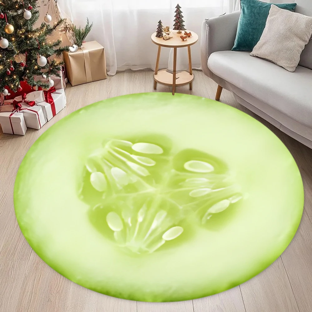 Round Creative Fruit Slice Pattern Rug Cucumber Papaya Print Decorative Non-Slip Carpet for Living Room Kids Room Leisure Area