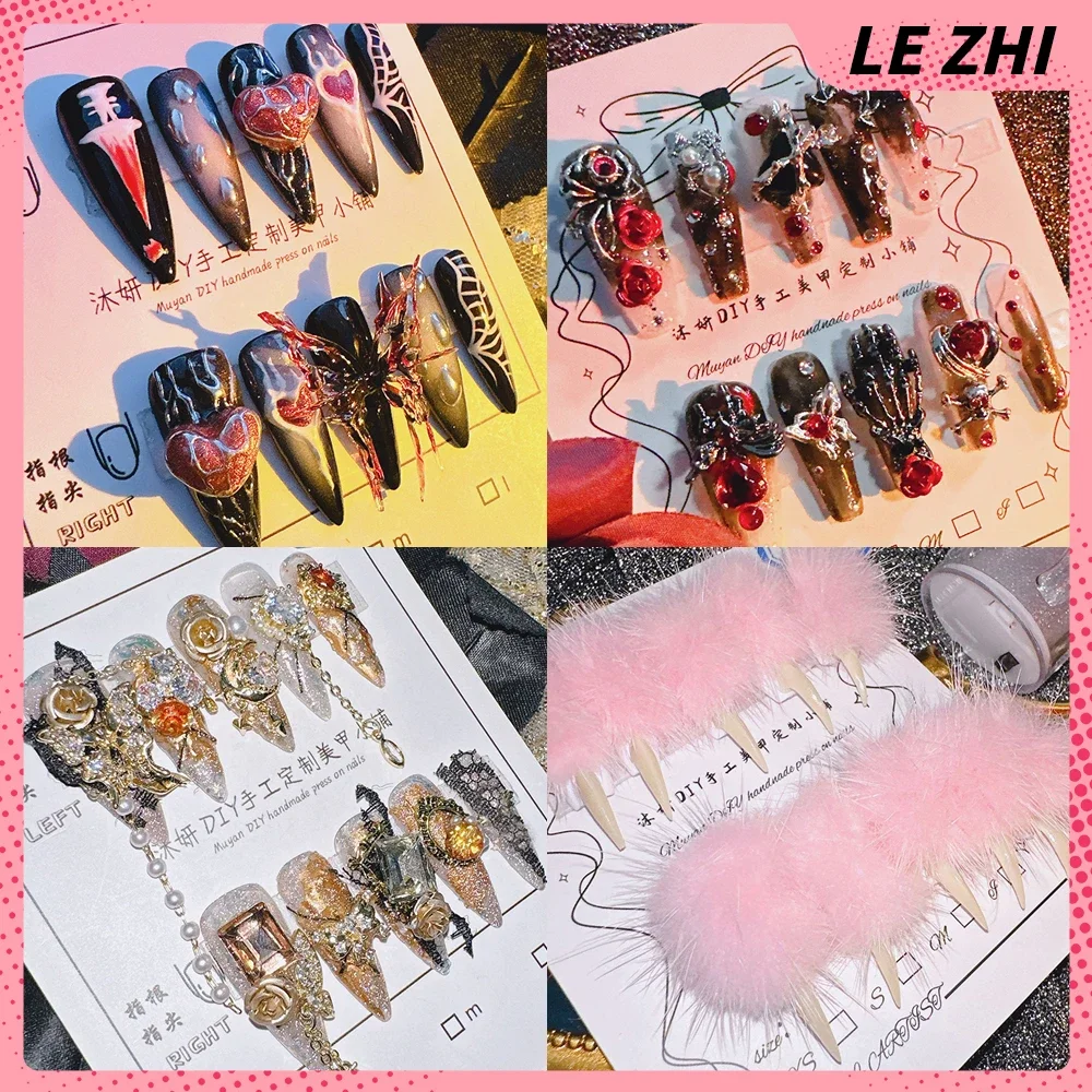 

Chinese Style Metal Lizard Pearl Gradient Full Cover Nails Artificial Wearable Nail Tips Halloween Red Black Punk Party Sticker