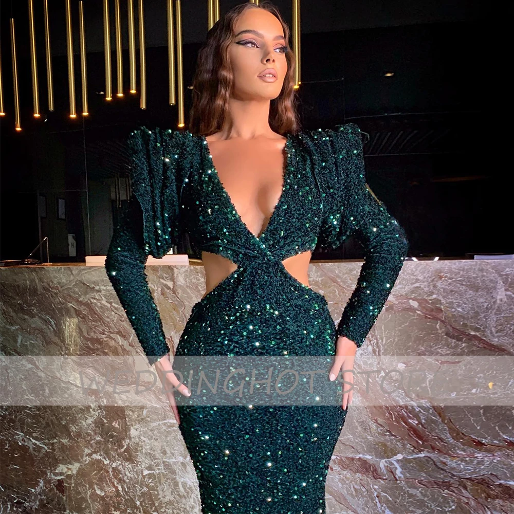 EOENKKY – robe de soirée de forme sirène, tenue de soirée de luxe verte, col en v, paillettes, manches longues, Sexy