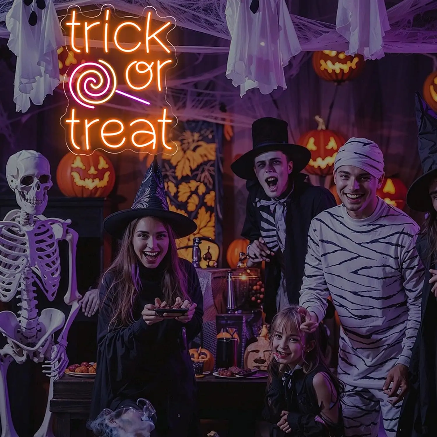 Trick Or Treat Neon Sign LED Lollipop Neon Light USB Wall Hanging Lamp for Halloween Party Front Door Bedroom Home Decor Gift
