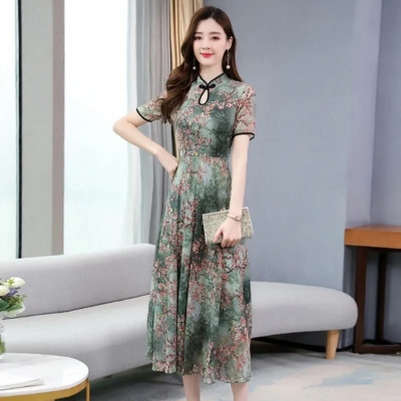 Chinese Cheongsam Stijl Mode Vrouwen Bloemenprint Jurk Vintage Korte Mouw Casual Elegante Bloemenfeestjurk Cadeau Voor Meisje