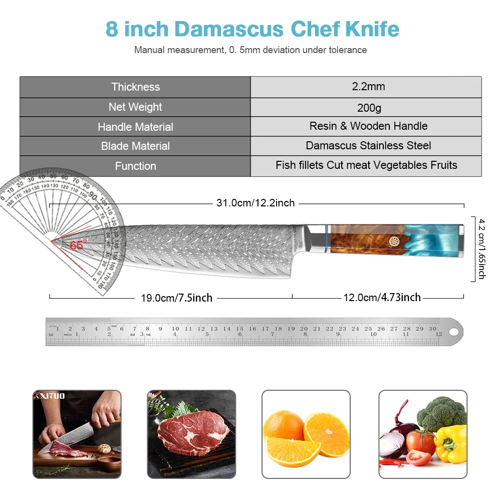 Couteau de chef en acier Damas 8 ", ustensile de cuisine japonais en acier inoxydable à haute teneur en carbone, Couteau de cuisine ultra tranchant, Couteau de cuisine opaque