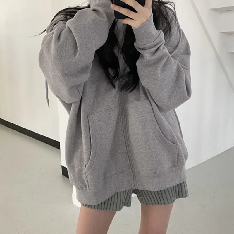 Korean Style Women Hoodies Harajuku Casual Loose Zip Up Hooded Jacket Long Sleeve Fleece Oversized Sweatshirt Coats Streetwear