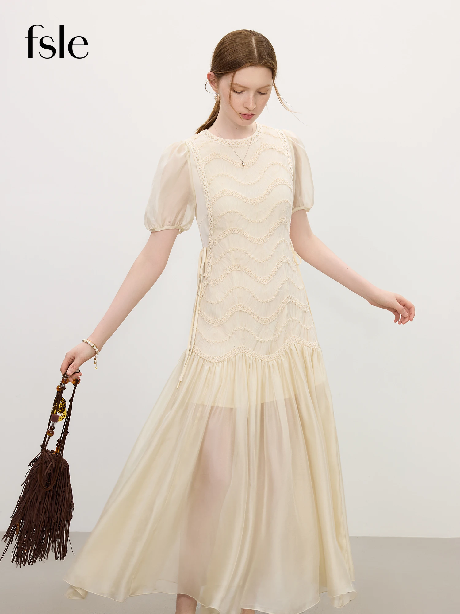 FSLE 2025 Summer Women's Mesh Embroidery Dress Hollow Out Splicing Bubble Sleeves Waist Tie Y2K Trendy Boho Chic 25FS12832