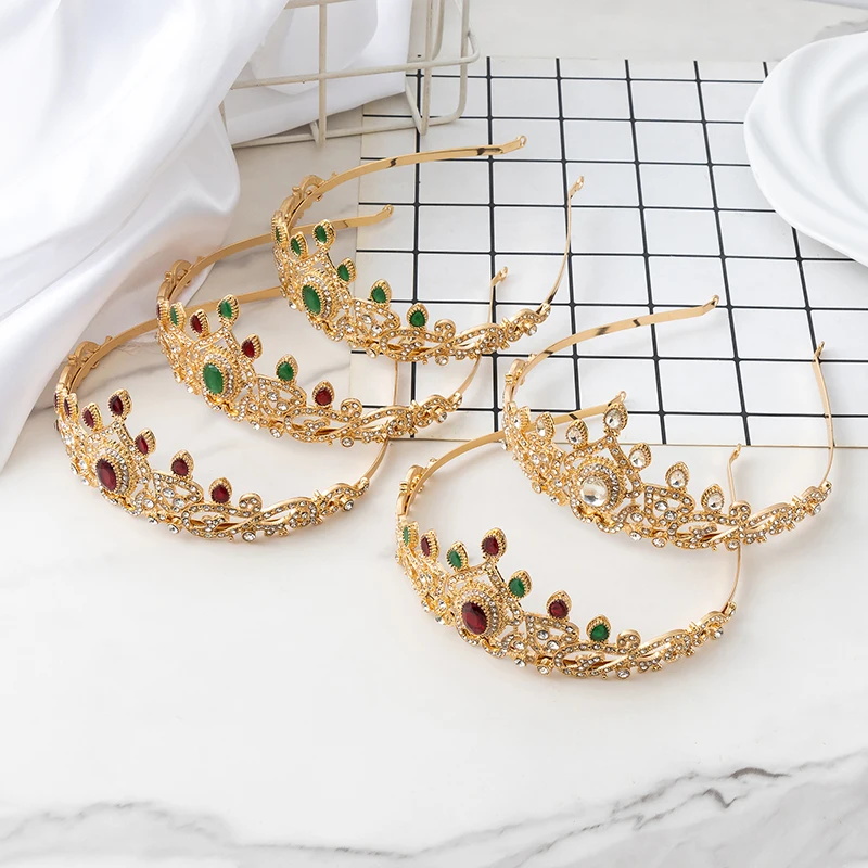 

Gold Color Bride Crystal Crown Flower Design Red Green Gem Queen Head Hair Hoop Wedding Dress Party Tiaras Jewelry