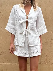 Elegant Lady Streetwear Solid 2 Piece Sets Summer Hollow Out Lacing Up Tops Shorts Loose Outfits Women V Neck Casual Shorts Suit