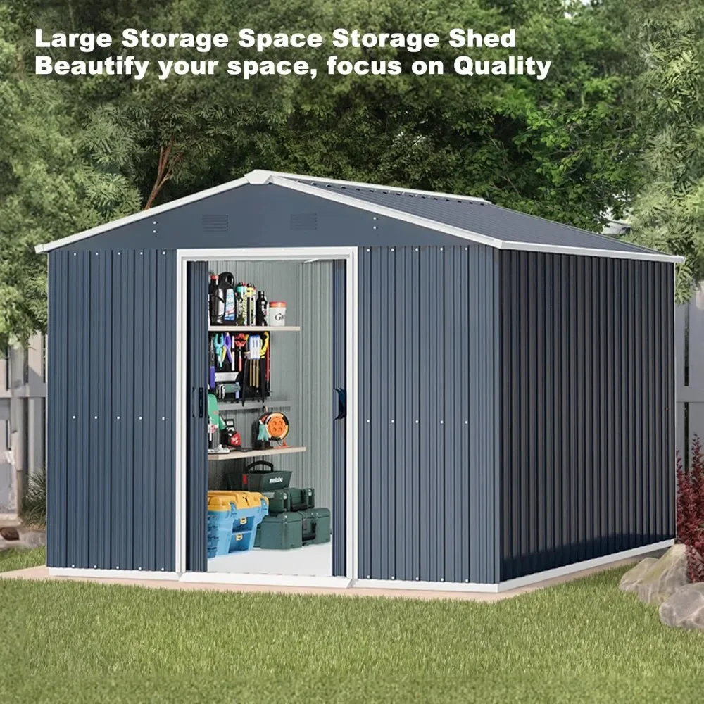 10X8X6 FT Outdoor Storage Shed, Utility Steel Tool Storage with Sliding Door and Air Vents, Metal Bike Shed for Garden