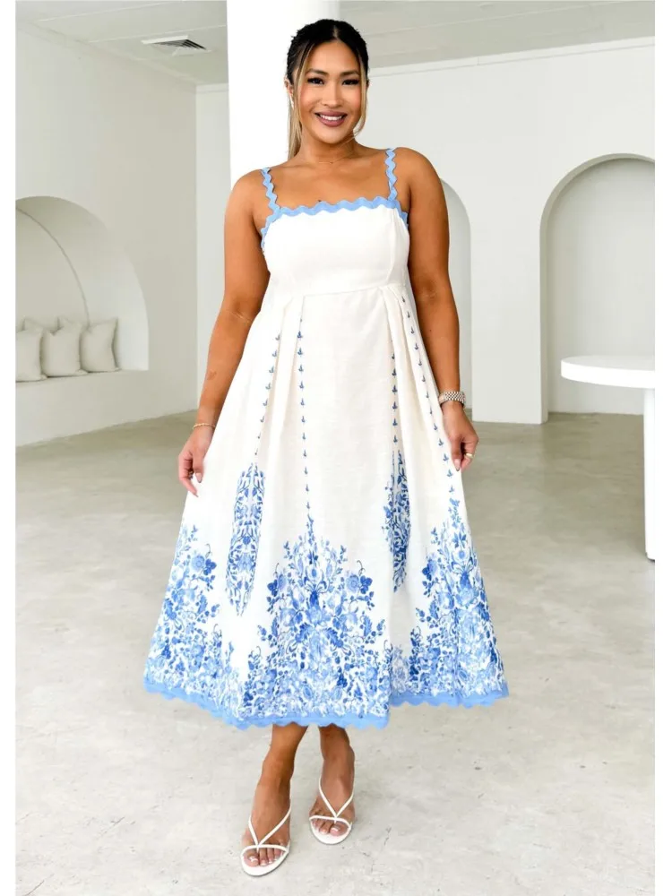 

Summer New Arrival Fashionable Elegant Print Dress Women's Sleeveless Backless Belted Halter Party Dress Wave Skirt Hem