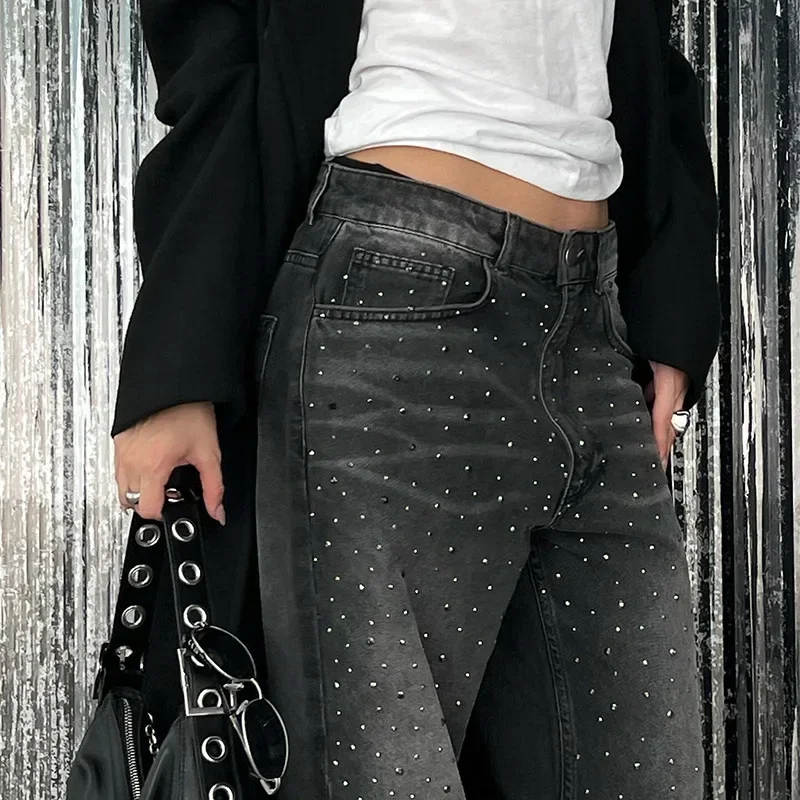 Grey Basic Rhinestone Women Jeans Fashion Washed Casual Pants All-match Straight Trousers Concise Bottom Clothes Winter