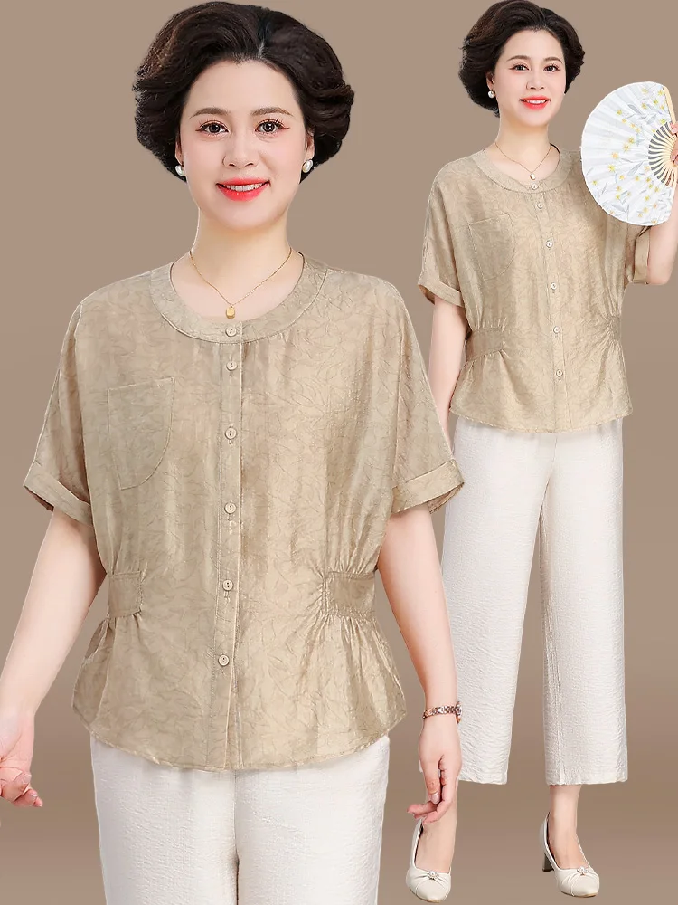 

Модный комплект из хлопка и льна с коротким рукавом для женщин среднего возраста: летний наряд для мам, новинка