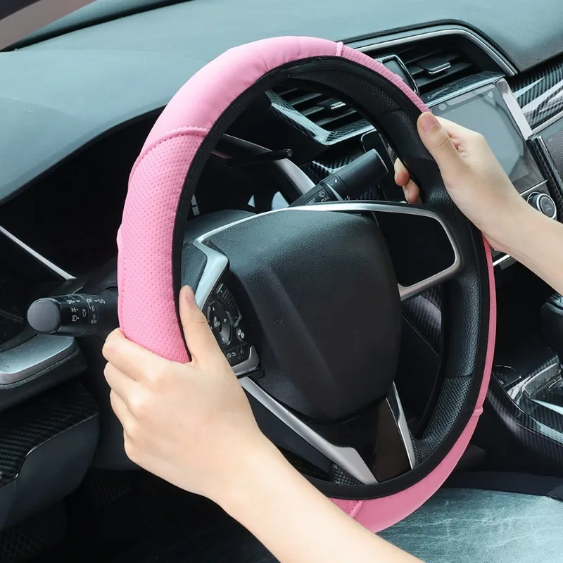 37-38cm Steering Wheel Cover Summer Winter Universal PU Leather Embossed Corrugated Steering Wheel Cover Non-slip Heat-resistant