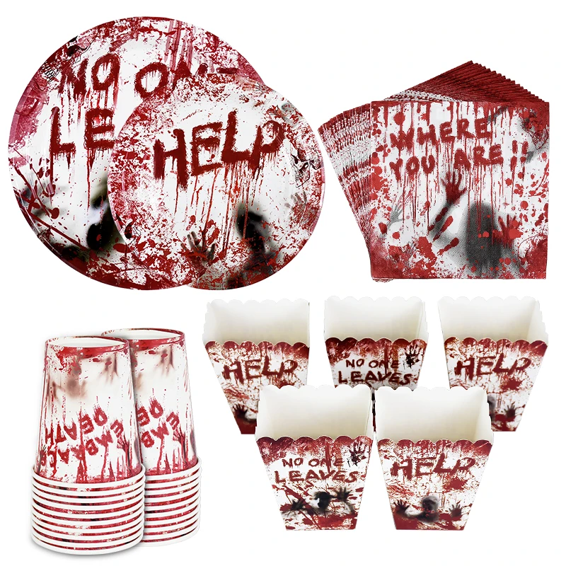 Halloween Party Disposable Tableware Scary Bloody Handprint Paper Plates Cups Popcorn Box For Halloween Horror Party Decor Props