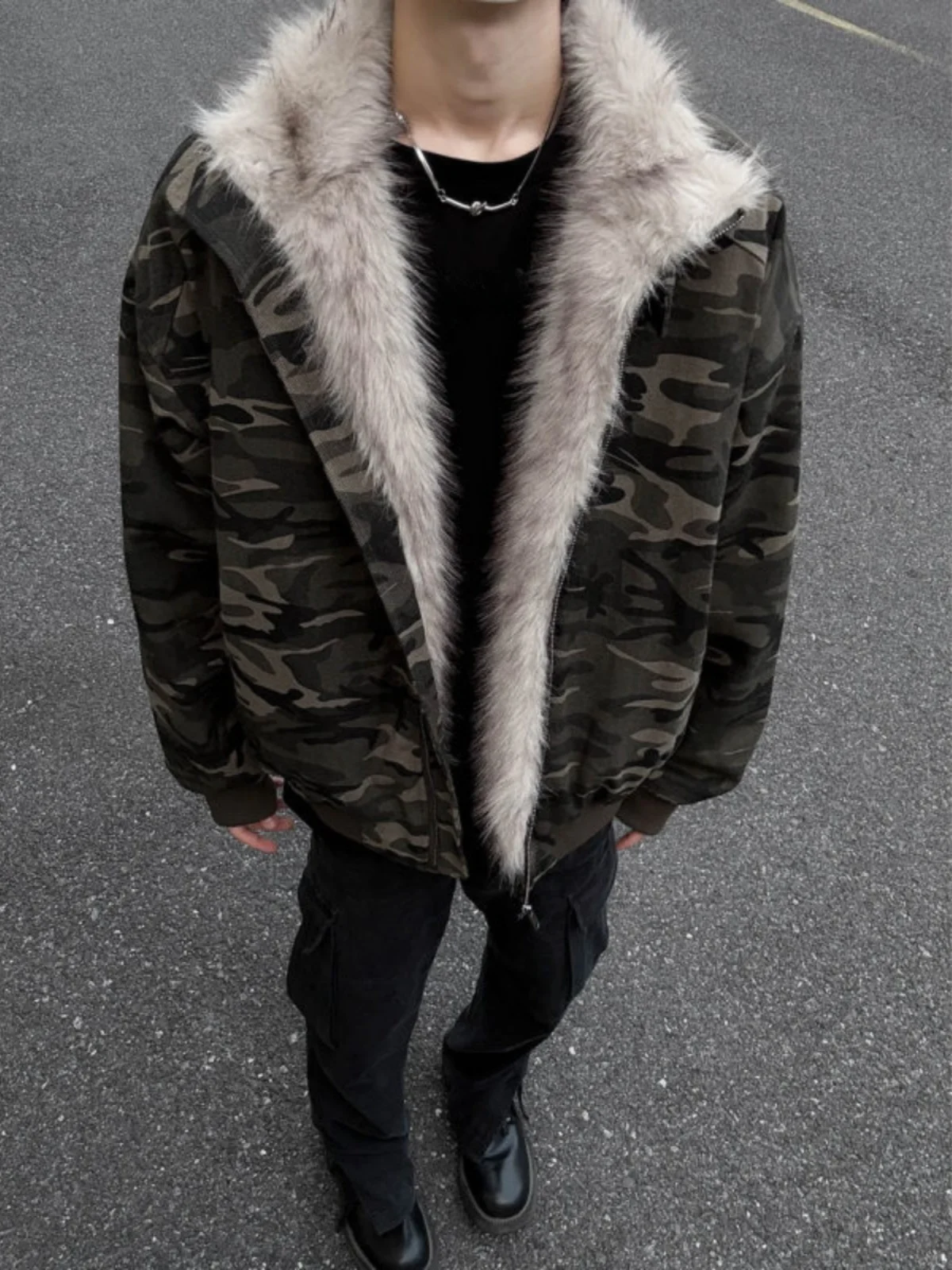 

American Retro Camouflage Jaet Men's Winter Thiened Cotton Workwear Coat with Fur Collar Mountain Eagle Pattern