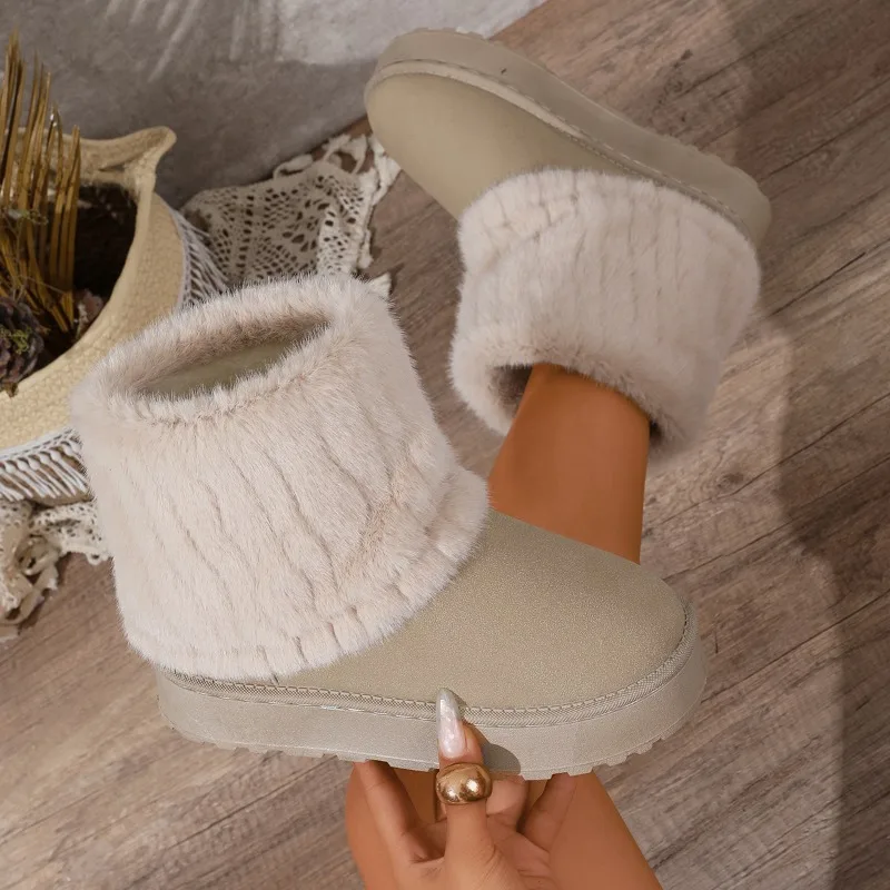 Winter Women's Solid Color Vintage Comfortable Thick Sole Mid Heel Snow Boots New Women Keep Warm Anti Slip Fashion Snow Boot