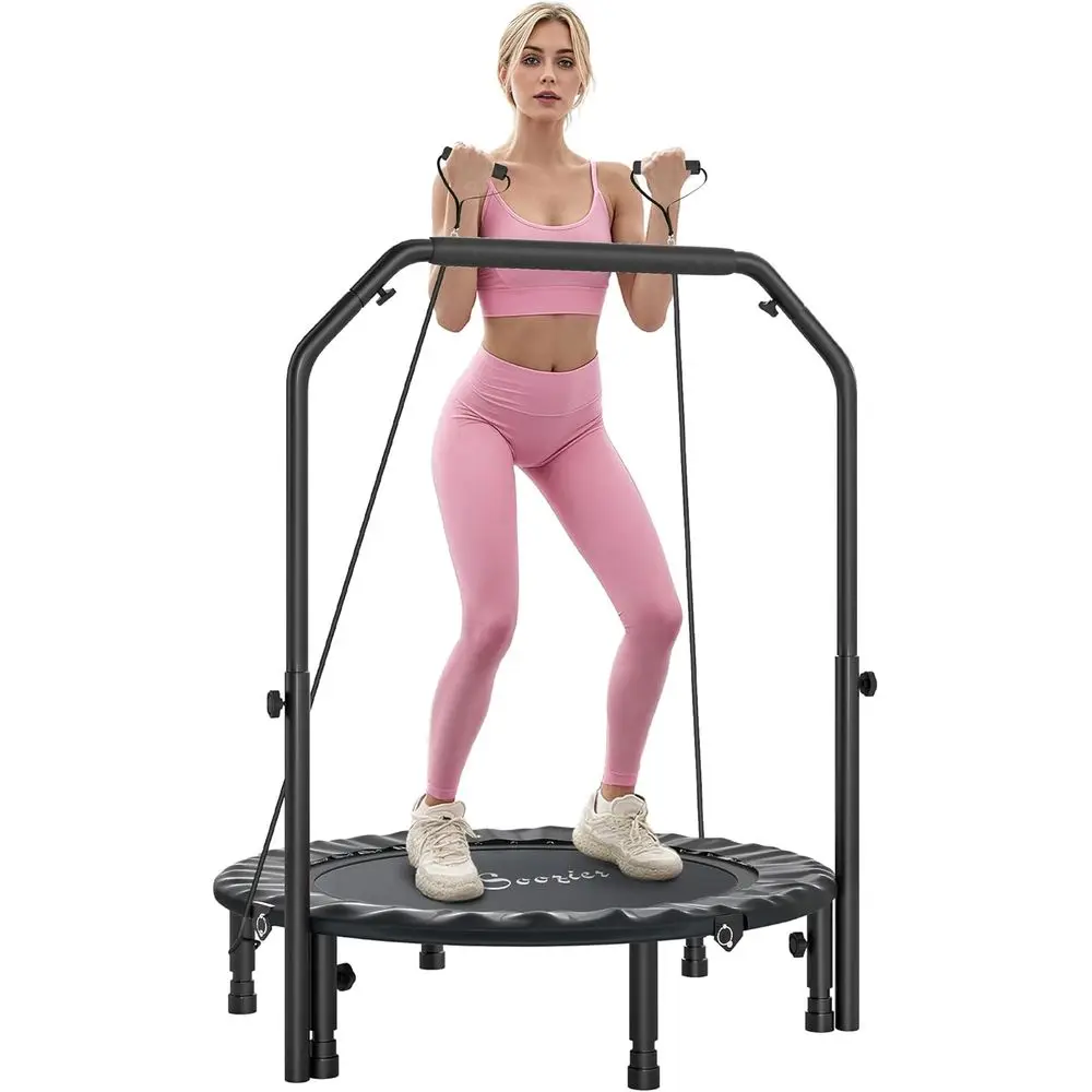 

Portable Mini Trampoline with Adjustable Handle and Resistance Bands for Indoor Outdoor Fitness, Supports Up to 330 lbs