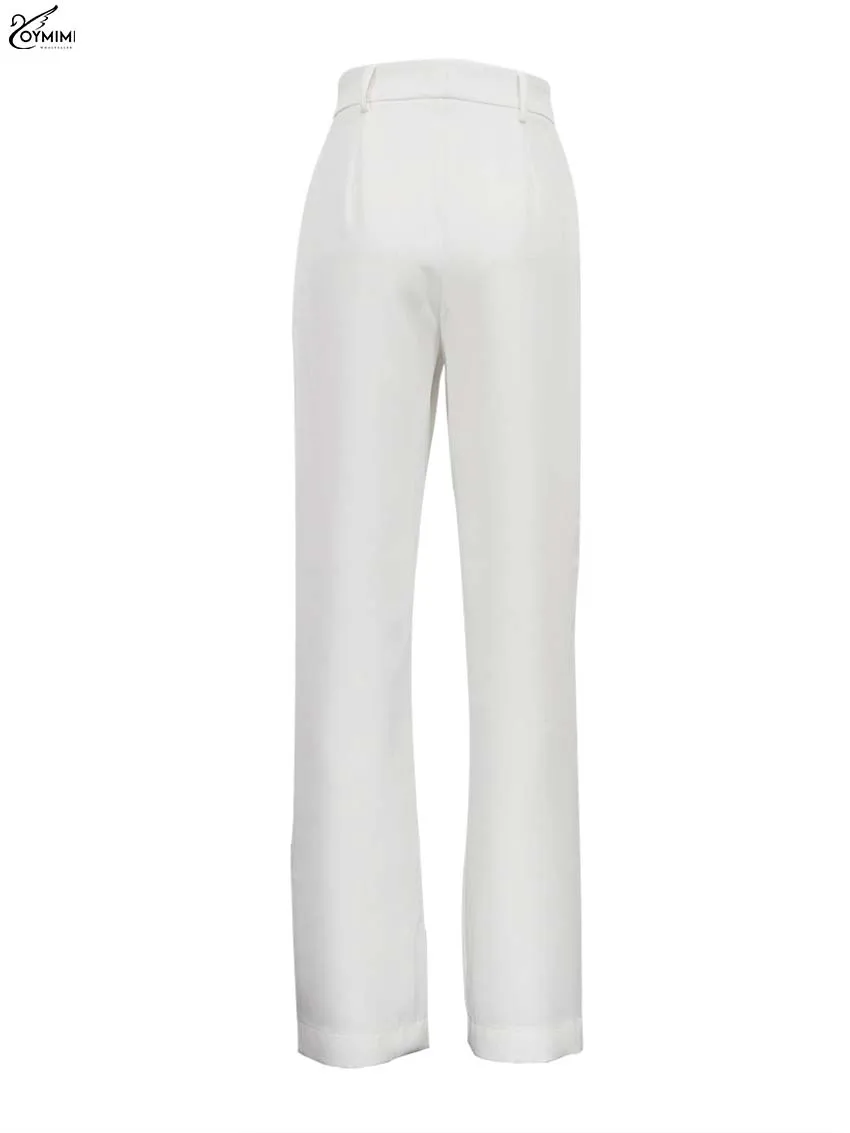 Oymiim Fashion Beige Button Women's Pants Autumn High Waisted Hollow Out Trousers Casual New Zipper Straight Full Length Pants