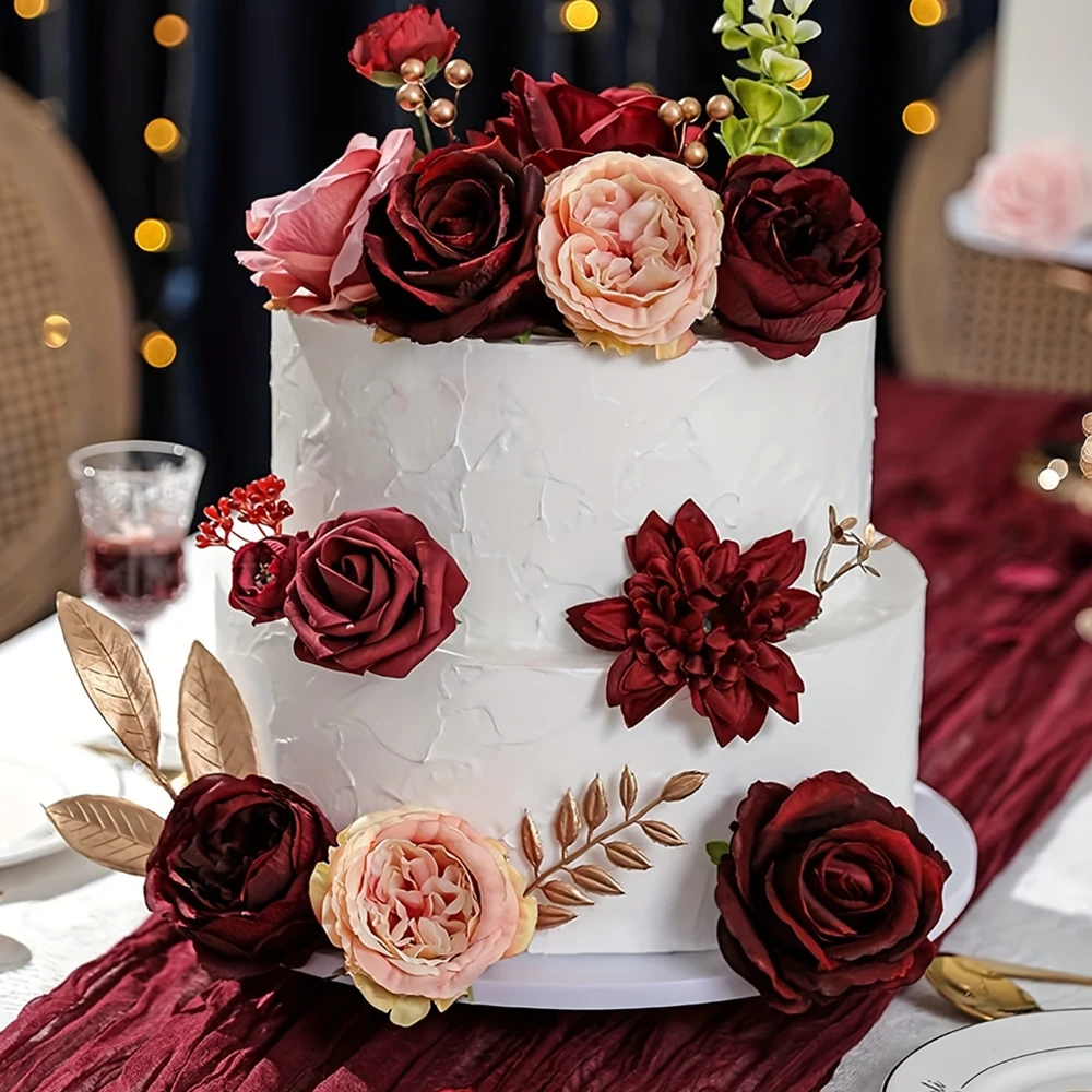 Wine red rose artificial flower combination box, bridal bouquet, outdoor/indoor DIY decoration, holiday decoration flowers