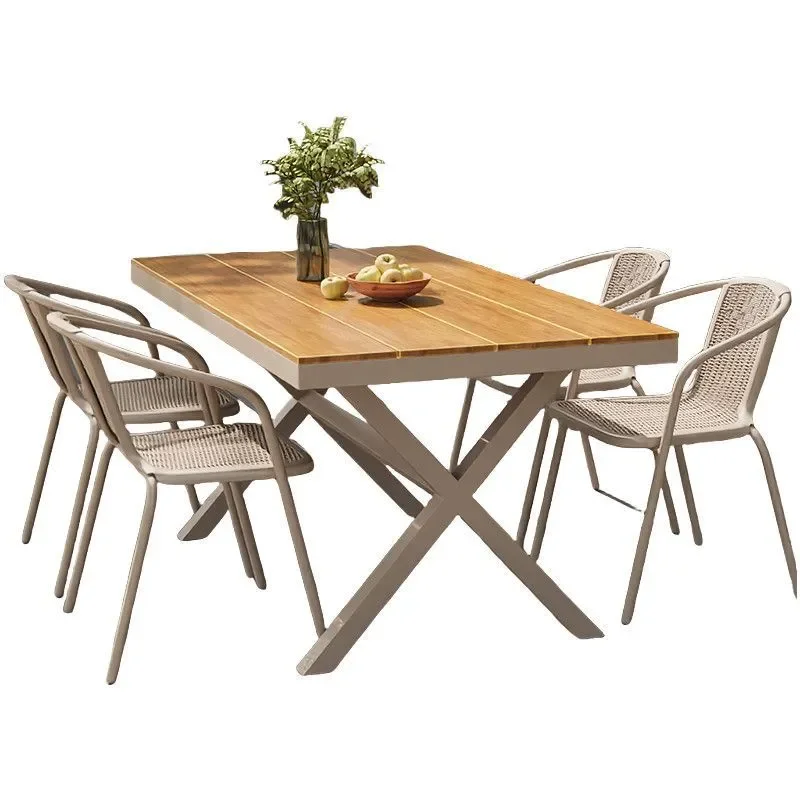 Alloy Steel WPC Outdoor Dining Set Waterproof Patio Garden Furniture for Villa Yard Multi Person Table and Chairs