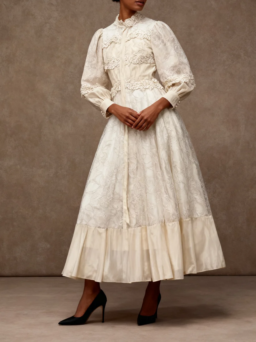 VGH فستان الأميرة خمر مزاجه للنساء الوقوف طوق فانوس كم عالية الخصر تقسم بقماش شفاف فساتين الدانتيل الإناث #2