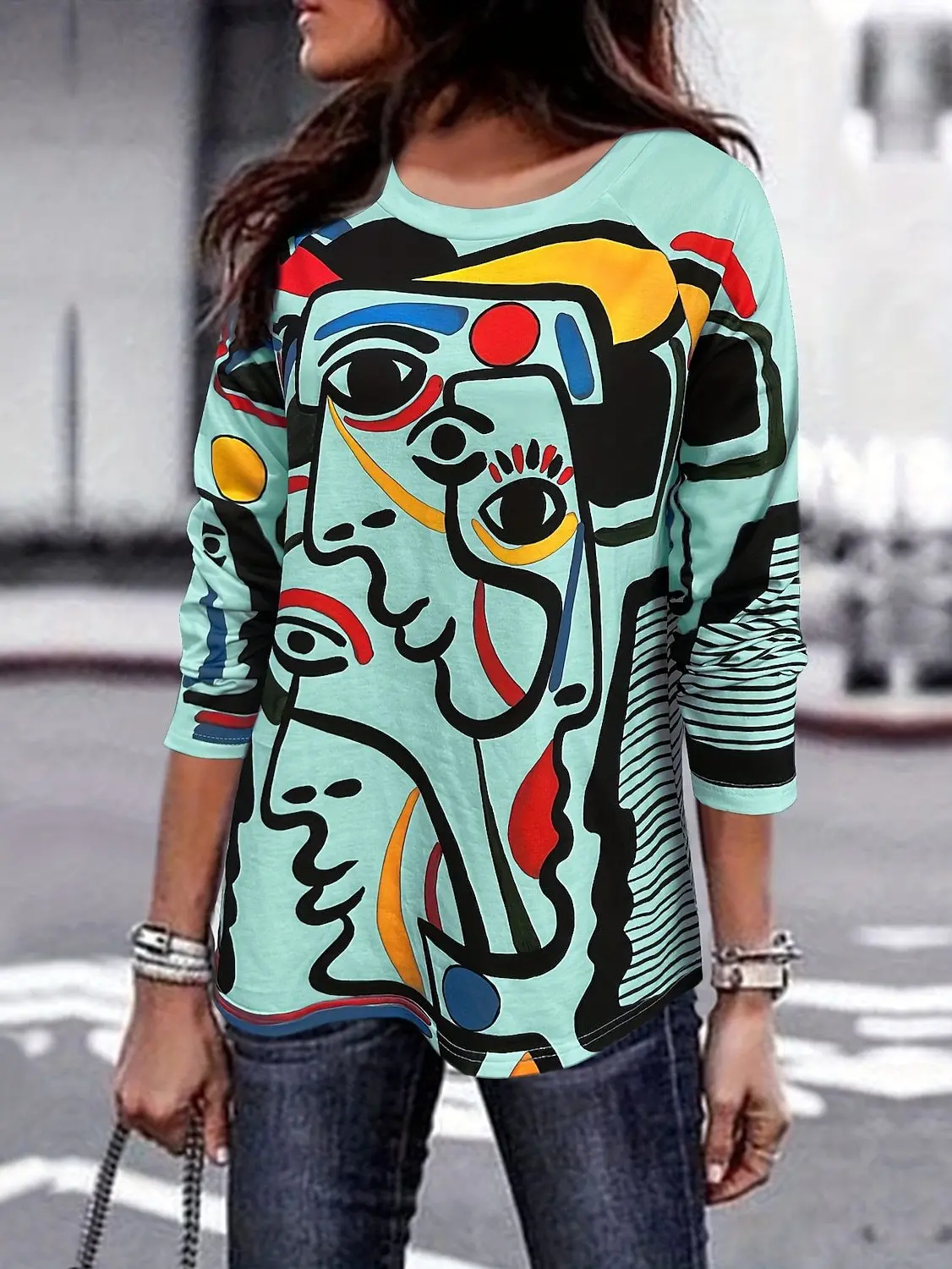 Abstract Portrait 3D Print T-Shirts Women Casual Round Neck Long Sleeve T Shirt Pullover Harajuku Tee Top Female Street Clothing
