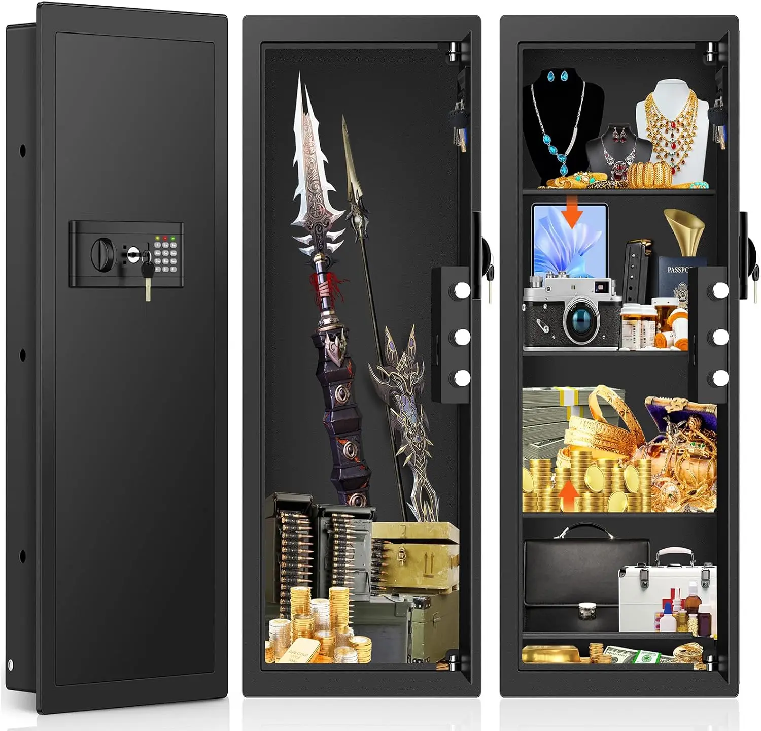 

39.4" Tall Fireproof Wall Safe Between Studs, Electronic Keypad, 3 Shelves & Silent Mode for Cash Jewelry Documents