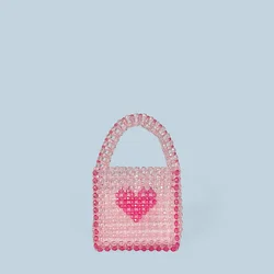 New Winter Heartbeat Handmade Bead Bag with Multi Color Love Pattern Crystal Powder Handheld Open Small Square Bag
