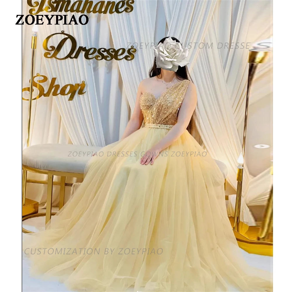 

Luxury Dubai Yellow Shiny Evening Dresses For Women 2024 Birthday Wedding Party One Shoulder Sequins Formal Gowns Dress