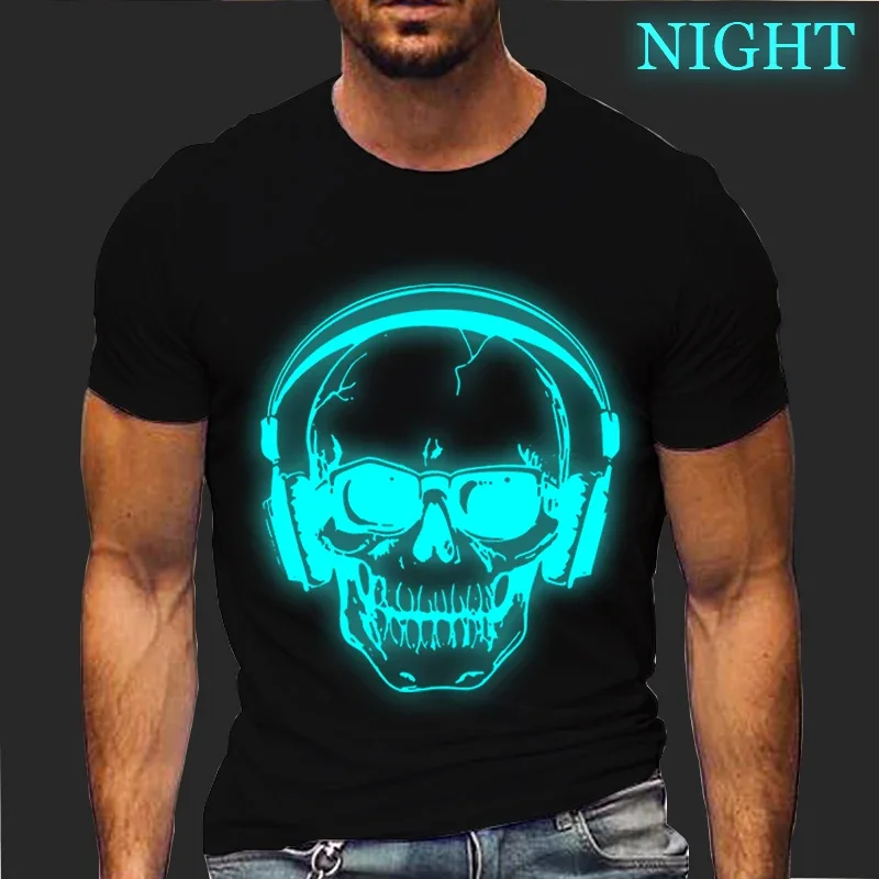 Skull Print T-shirts for Men Clothing Funny Music Tee Shirts Homme Luminous DJ Male T Shirt Short Sleeve Clothes Camiseta Hombre